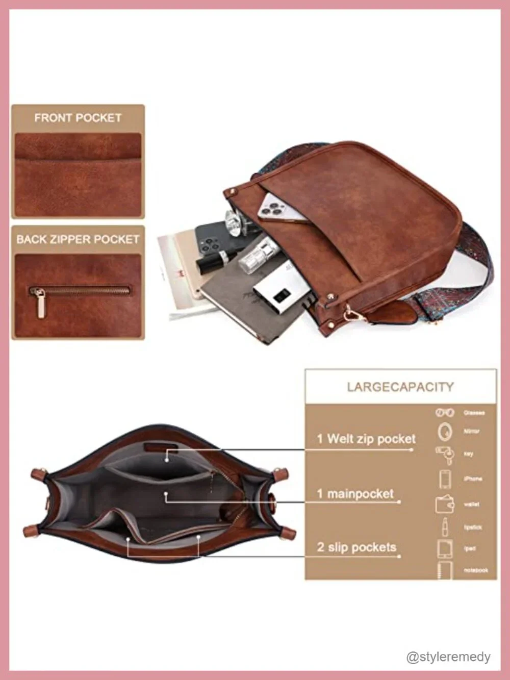 Trendy Vegan Leather Hobo Crossbody Bag with 2 Adjustable Straps